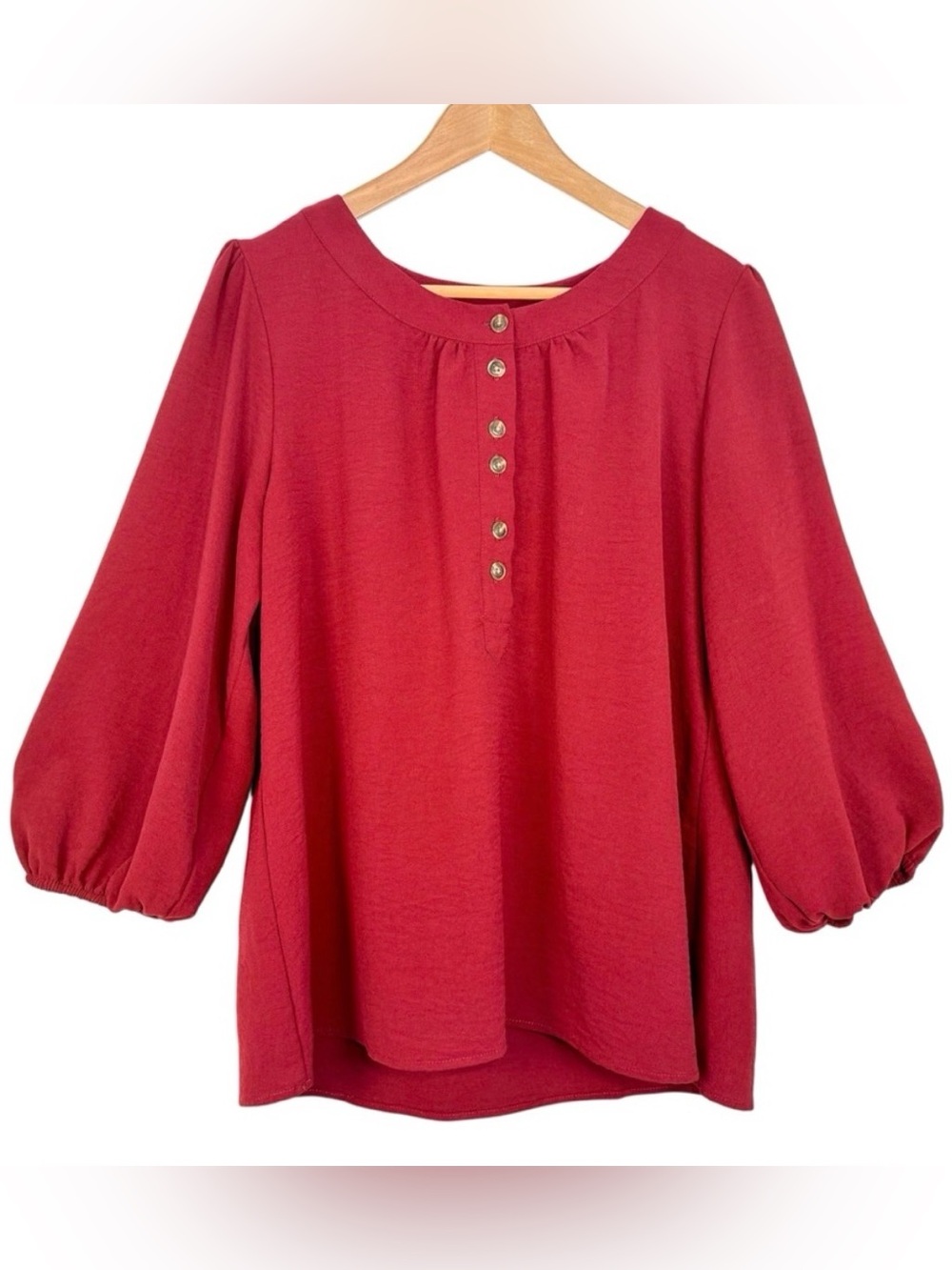 Como Blu Women’s Button Up Peasant Blouse Size Large Red Maroon Career Workwear
